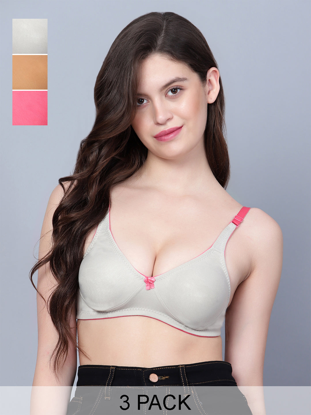 Pack of 3 colors Double Lair  Wirefree Non Padded Cotton Stretch Medium Coverage Contrast Stripe Everyday Bra